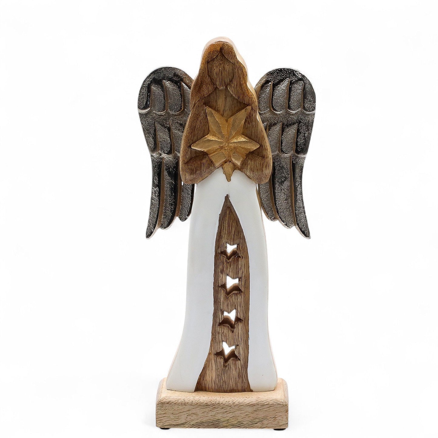 Large Mango Wood Star Angel – Metal Wings & Enamel Detail