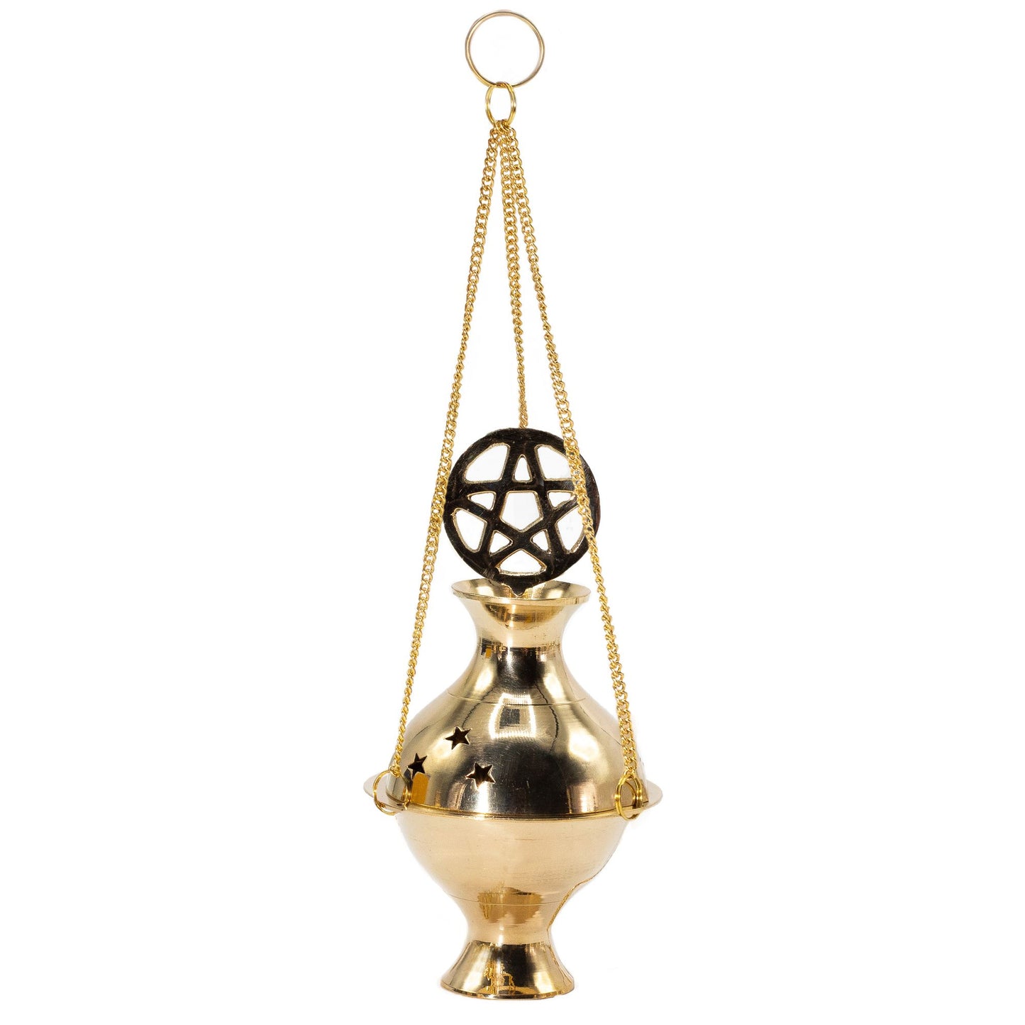 Honour the sacred with this handcrafted Hanging Brass Incense Burner, adorned with the protective Pentagram symbol. Made in India from polished brass, it combines timeless craftsmanship with deep spiritual meaning.
The burner hangs gracefully from three golden chains with a central loop, allowing you to suspend it over an altar, in a ritual space, or within your home. Star-cut vents release fragrant smoke beautifully, creating a mystical atmosphere for meditation, offerings, or spellwork.
Designed for use