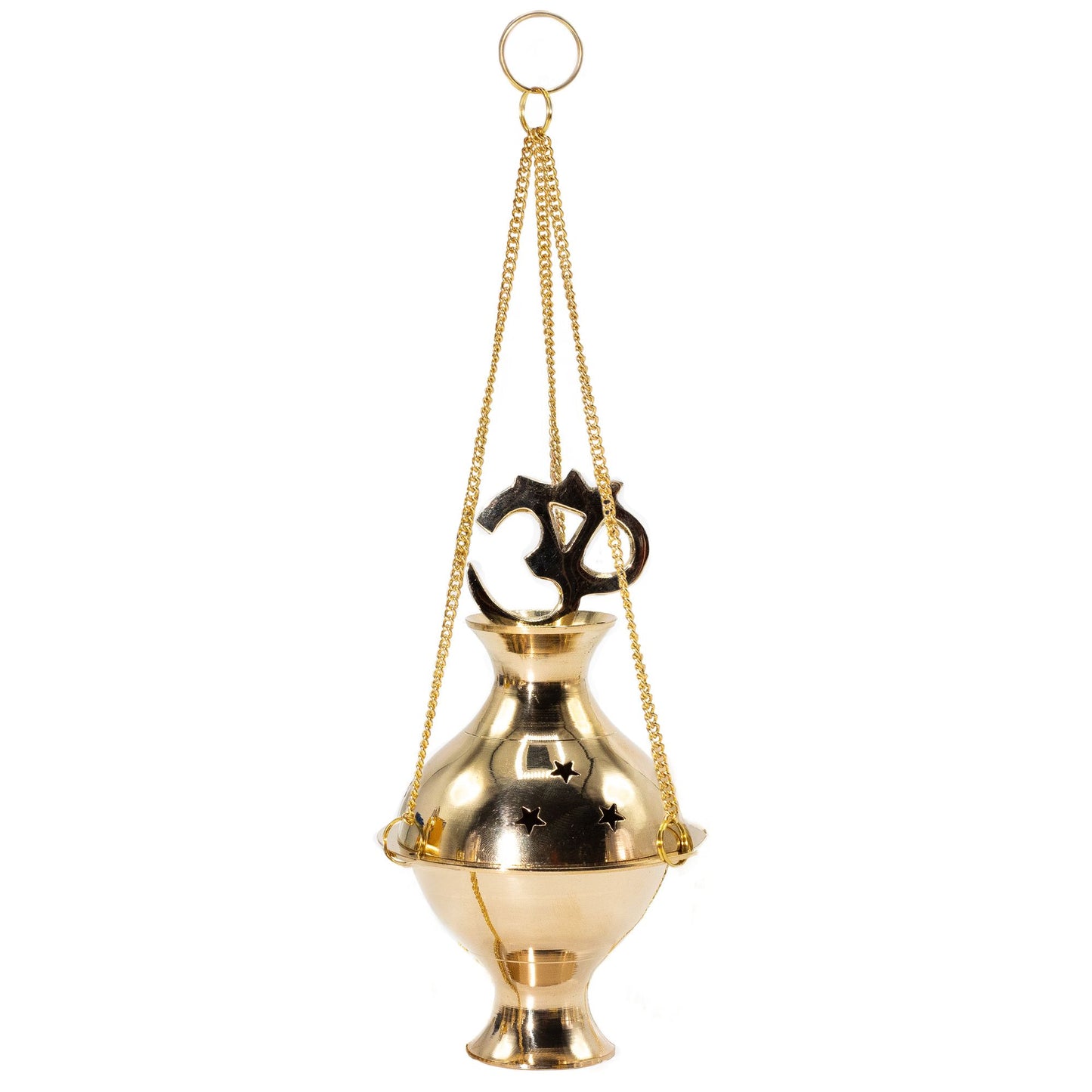 Bring harmony to your sacred space with this handcrafted Hanging Brass Incense Burner, adorned with the sacred Om symbol — a timeless mantra of peace, unity, and spiritual connection. Handmade in India from polished brass, it blends traditional craftsmanship with profound meaning.
Star-shaped cutouts allow the fragrant smoke to drift gently, creating a serene atmosphere perfect for meditation, rituals, yoga practice, or simple relaxation. The burner hangs gracefully from three golden chains with a central