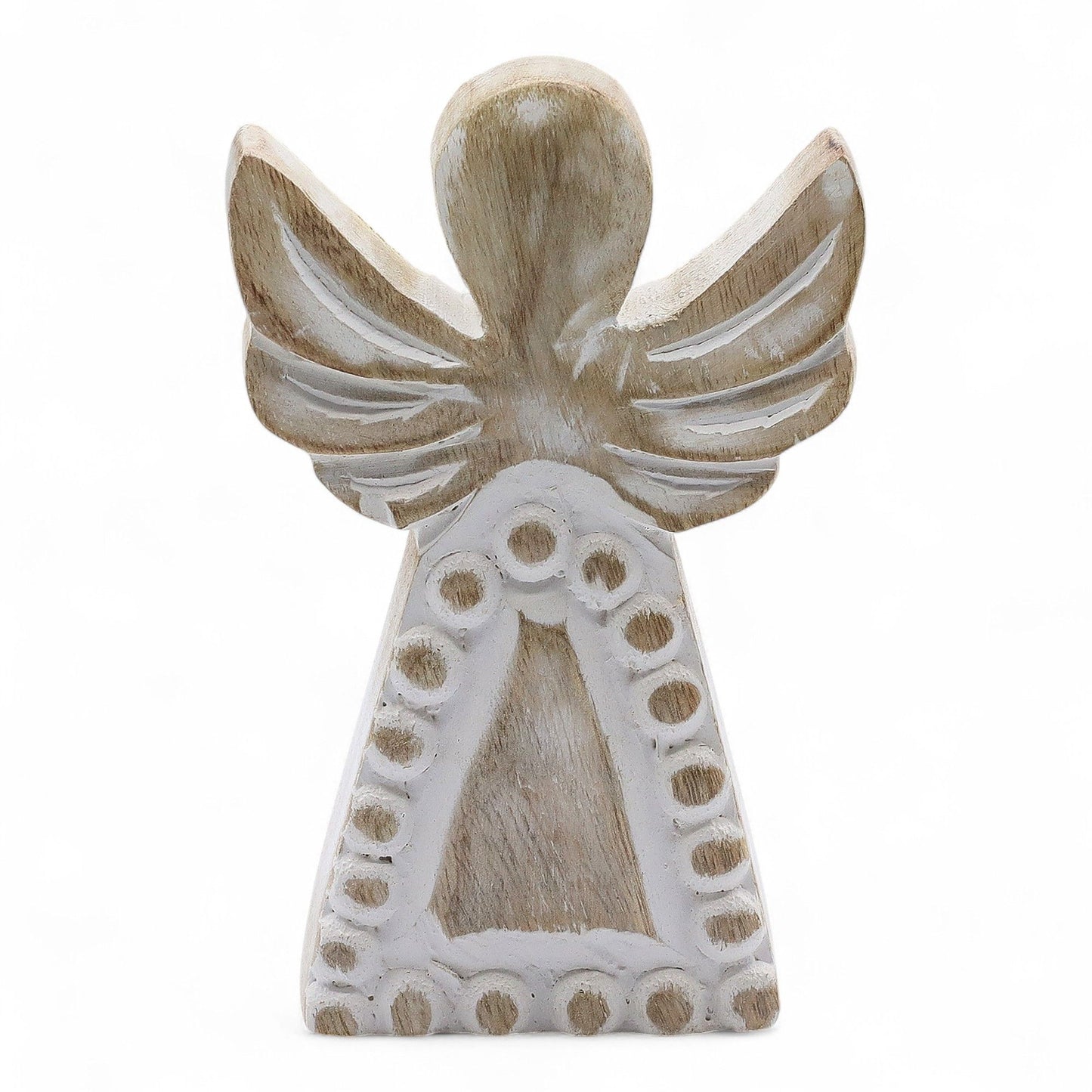 From the serene collection of thewitchesgarden, this Mango Wood Angel embodies simplicity, peace, and timeless charm. Hand-carved from natural mango wood and finished in a soft whitewash, it carries a soothing presence — a gentle reminder of protection and serenity.
Each angel is crafted in India, revealing the organic beauty of natural wood grain and the subtle variations that come with artisan craftsmanship. The distressed texture and soft detailing evoke a sense of rustic elegance, creating a piece that