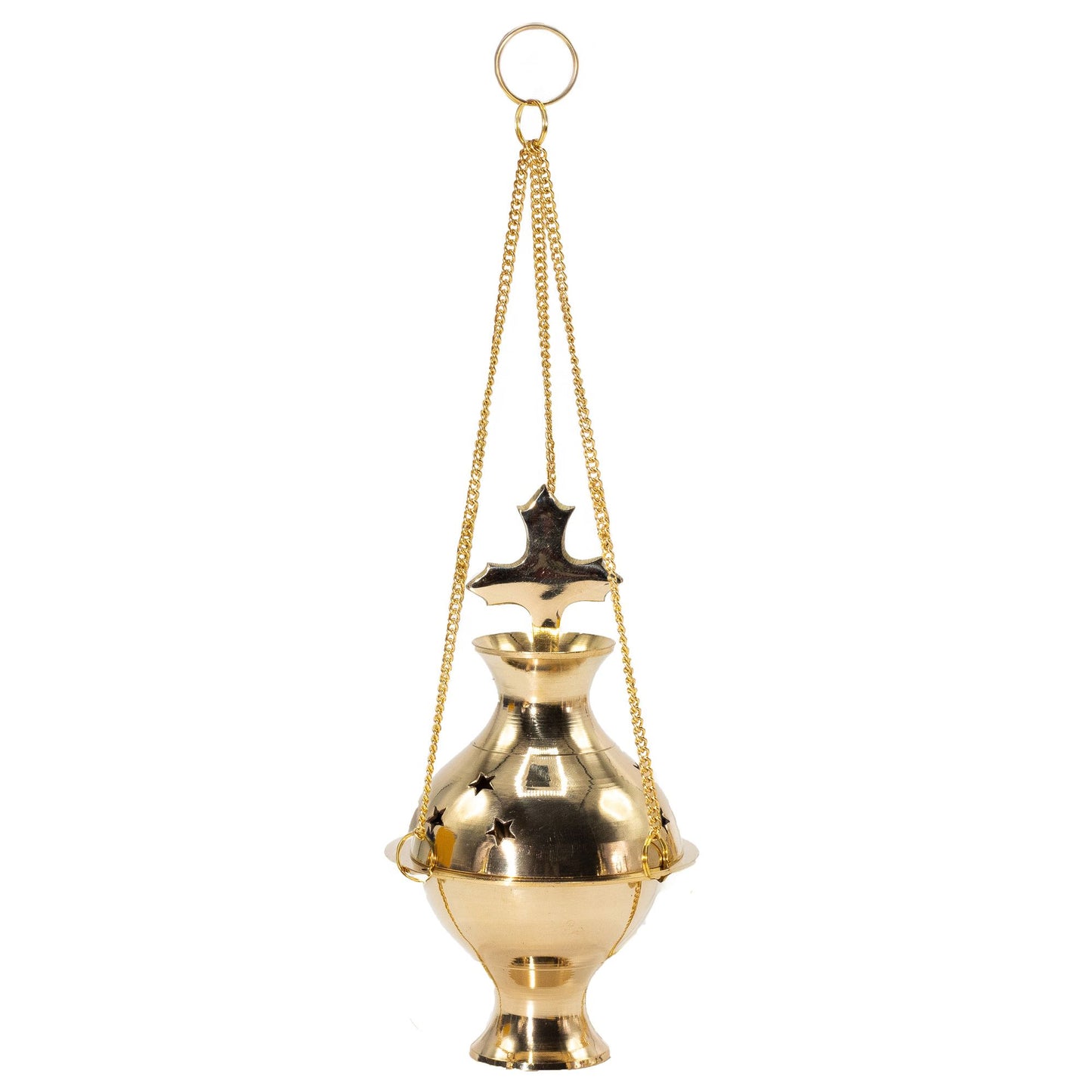 Handmade in India from polished brass, this sacred Hanging Brass Incense Burner is crowned with a traditional Cross finial, symbolising faith and devotion. Crafted with care, it blends timeless design with spiritual purpose, making it a meaningful addition to any prayer or meditation practice.
The burner is suspended by three golden chains with a central loop, allowing it to hang gracefully above altars, devotional spaces, or sacred corners of the home. Star-shaped cut-outs release aromatic smoke in gentle
