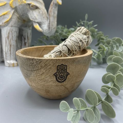 Handcrafted wooden Hamsa ritual bowl 11x7cm. Ideal for smudging, offerings, and spiritual protection rituals.