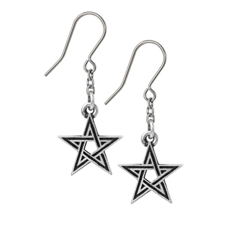 Supernatural forces leech from the Stygian pentacle. A pair of small, black enameled pewter pentagrams suspended a on fine chain and stainless steel ear-wires.