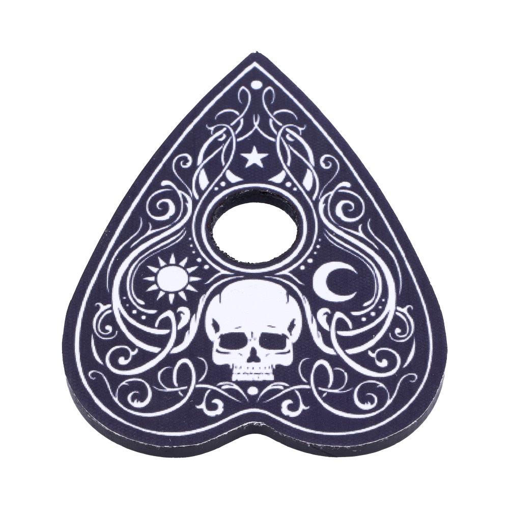 Decorative heart-shaped object with skull and sun design on a white background