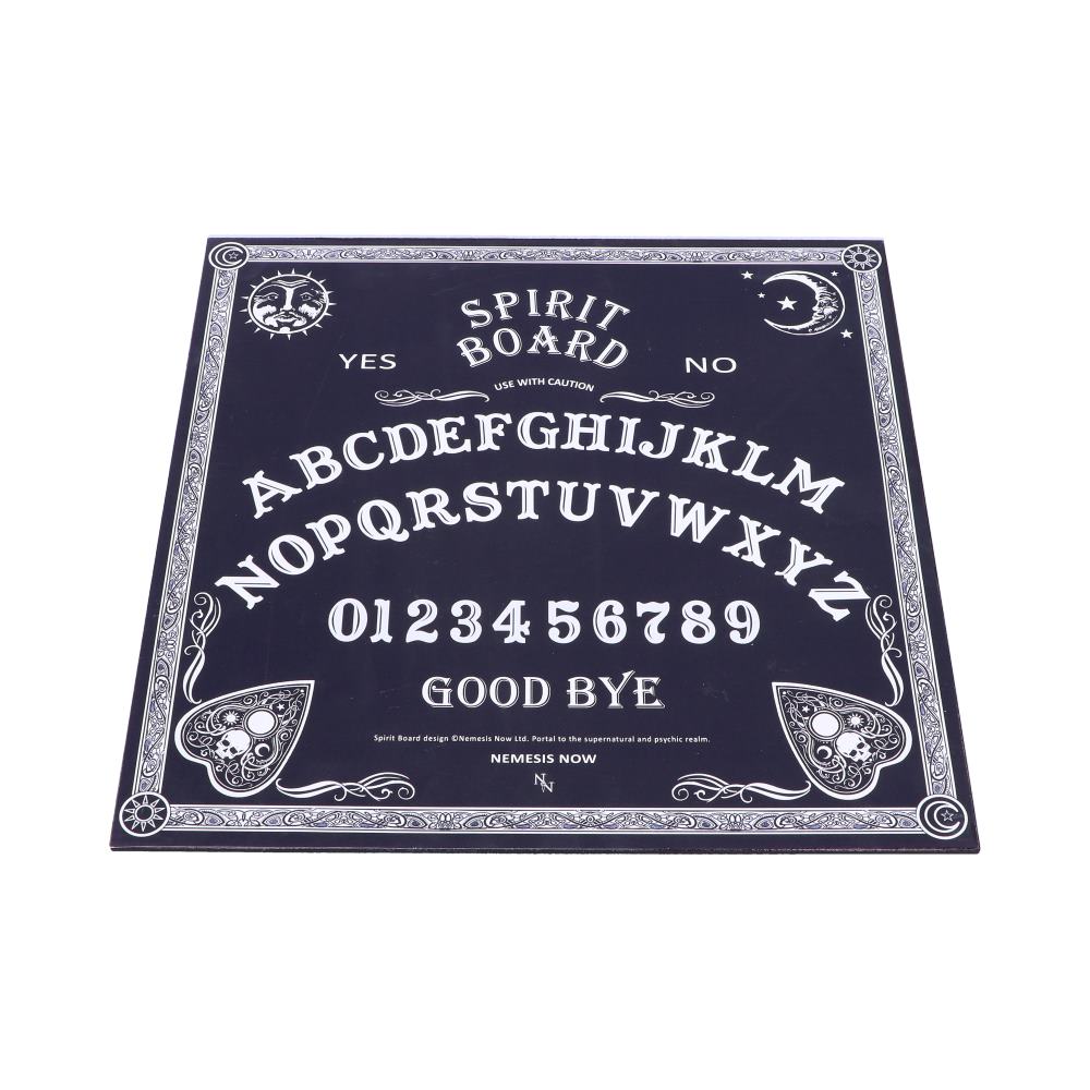 Ouija board with black background and white text on a white background