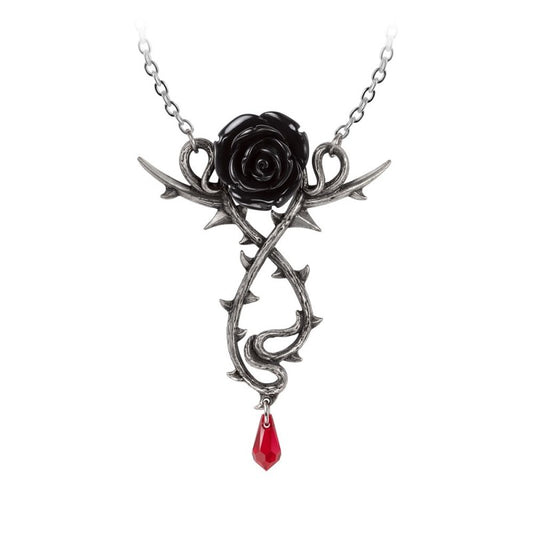 This Carpathian Rose Pendant Necklace is a stunning Gothic piece. This pewter necklace features a black rose mounted on a writhing thorned stem, featuring the most beautiful blood red, Austrian crystal dropper that appears as if a thorn has pierced the skin. A drama to your darkest attire!