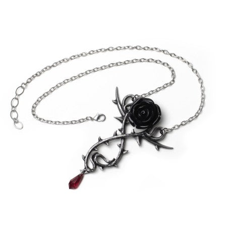 Necklace with black rose and thorns pendant on a white background