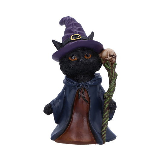 This captivating figurine features a black kitten wearing a purple witch’s hat, a royal blue cloak, and a brown robe. The intricate details showcase the craftsmanship and artistry that goes into creating this mystical piece. The black cat holds an aged green staff with a skull on top, symbolizing the powerful and mysterious magic it possesses. This figure is perfect for those who are drawn to the darker side of witchcraft and wizardry.