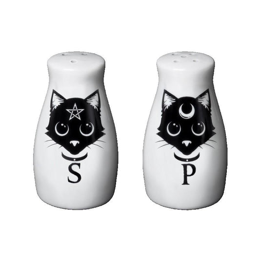 Add a touch of mystery to your dining table with this Alchemy Fine Bone China Black and White Cat Gothic Salt and Pepper Set. Crafted from fine bone china, this set features black cats with magic symbols and comes with a silicone stopper for easy filling.