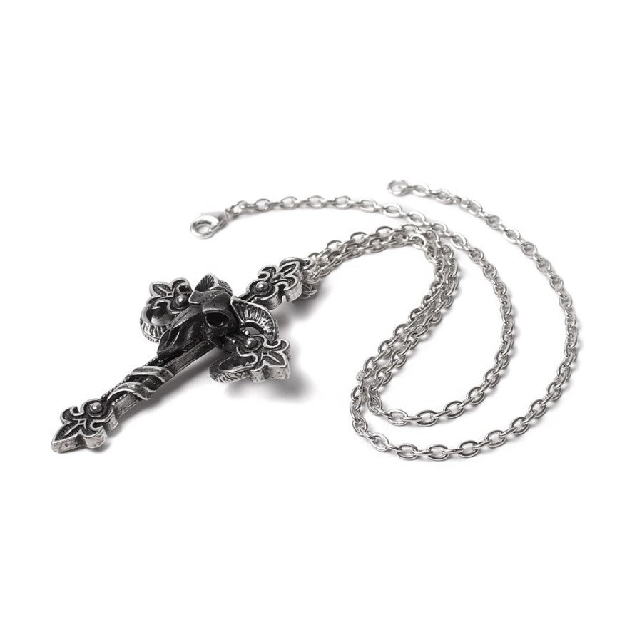Silver cross necklace on a white background