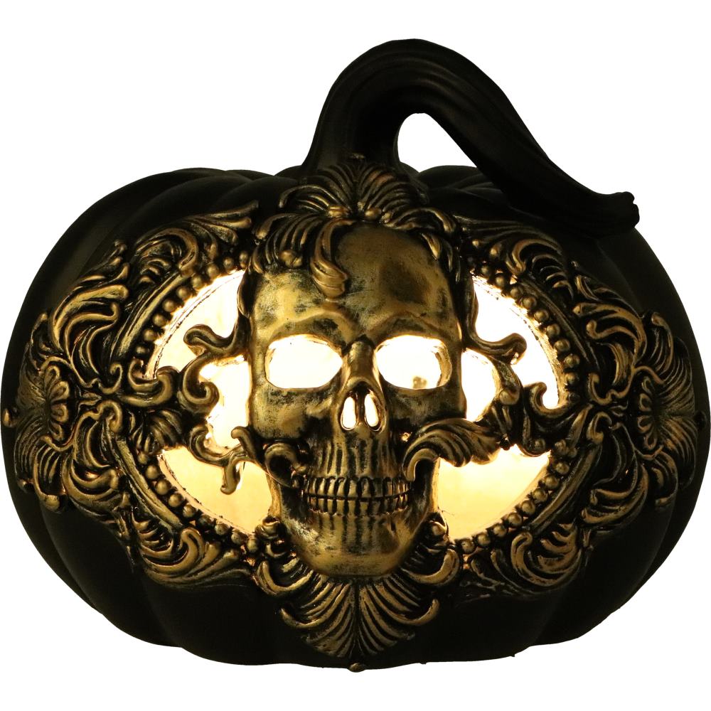 Bring a touch of decadent darkness to your autumn altar with the Baroque Harvest Pumpkin — a 20cm sculpted masterpiece for the witch with refined taste. Cast in the finest resin and finished in rich matte black with an opulent metallic gold front, this ornamental gourd is no humble harvest token.
Its ornate baroque styling evokes ancient feasts and gilded halls, where shadows danced with candlelight and magic was poured into every cup. Whether adorning your Samhain table, hearth, or sacred space, this pump