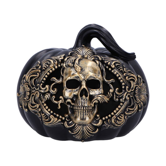 Bring a touch of decadent darkness to your autumn altar with the Baroque Harvest Pumpkin — a 20cm sculpted masterpiece for the witch with refined taste. Cast in the finest resin and finished in rich matte black with an opulent metallic gold front, this ornamental gourd is no humble harvest token.
Its ornate baroque styling evokes ancient feasts and gilded halls, where shadows danced with candlelight and magic was poured into every cup. Whether adorning your Samhain table, hearth, or sacred space, this pump
