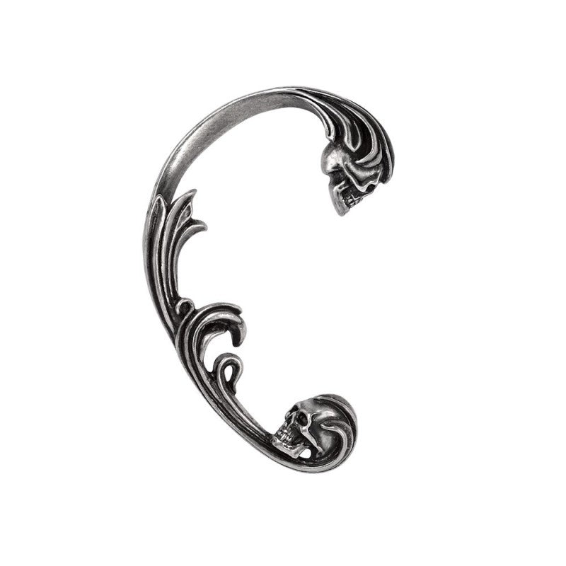 A breath-taking ear wrap (Ear Jewellery) handmade in antiqued and polished pewter featuring two baroque encased skulls.