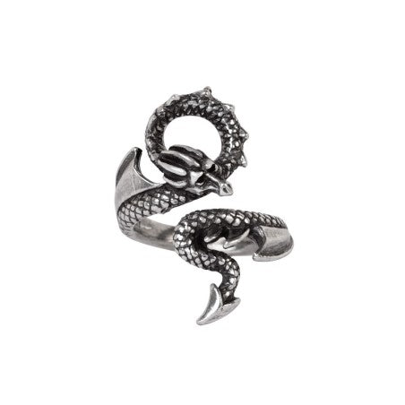 Like a whispering shoulder devil or a witches familiar, this tortuous personal miniature dragon coils itself around your finger.  This unique ring from Alchemy is an eye catching ring, paying homage to the mythical creature that is the dragon.