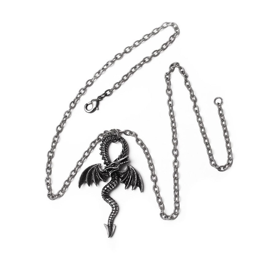 Dragon-shaped pendant on a chain against a white background