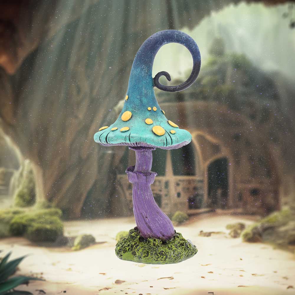 Fantasy mushroom figurine with a curved cap in a mystical forest setting