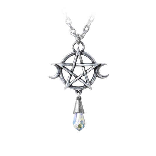 This stunning pendant combines the five elements of fire, water, earth, air, and spirit with the three moon phases of the Triple Goddess in Wicca. Expertly crafted with a pewter interwoven pentagram, two crescent moons, and a clear Austrian crystal dropper, this talisman serves as a symbol of devotion and focus for your magickal energies.