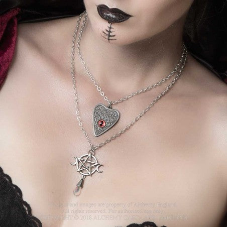 This stunning pendant combines the five elements of fire, water, earth, air, and spirit with the three moon phases of the Triple Goddess in Wicca. Expertly crafted with a pewter interwoven pentagram, two crescent moons, and a clear Austrian crystal dropper, this talisman serves as a symbol of devotion and focus for your magickal energies.