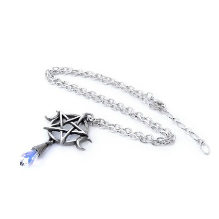 This stunning pendant combines the five elements of fire, water, earth, air, and spirit with the three moon phases of the Triple Goddess in Wicca. Expertly crafted with a pewter interwoven pentagram, two crescent moons, and a clear Austrian crystal dropper, this talisman serves as a symbol of devotion and focus for your magickal energies.