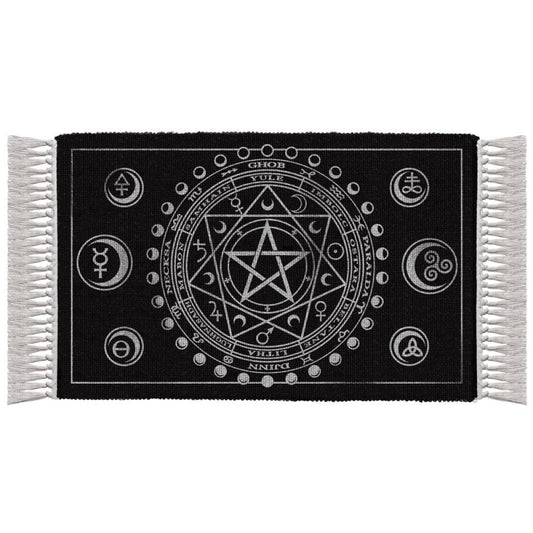 Enchant your altar with this handwoven Wiccan rug, featuring Sabbat symbols, moon phases & elements. Crafted in India from 100% cotton.