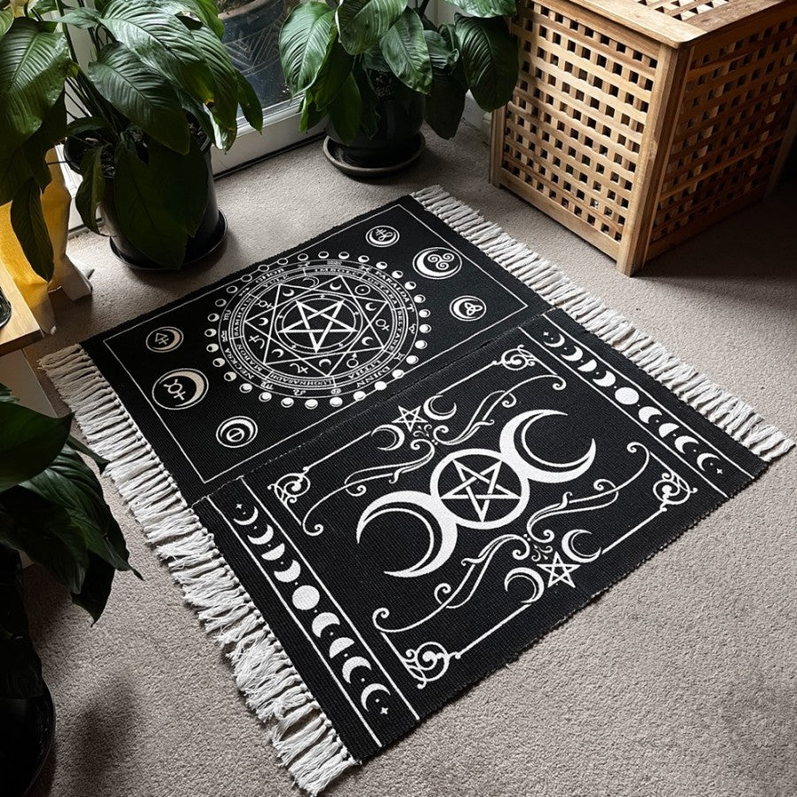 Enchant your altar with this handwoven Wiccan rug, featuring Sabbat symbols, moon phases & elements. Crafted in India from 100% cotton.