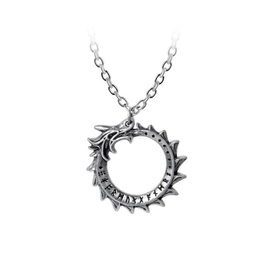 A discreetly talismanic ouroboros formed of the legendary Norse Midgard Serpent. A 1" antiqued pewter ring pendant in the form of a dragon-snake.