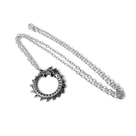 A discreetly talismanic ouroboros formed of the legendary Norse Midgard Serpent. A 1" antiqued pewter ring pendant in the form of a dragon-snake.