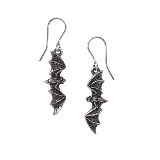 A pair of antique pewter, silver colour flying bat earrings. Creatures of the night frame your face!