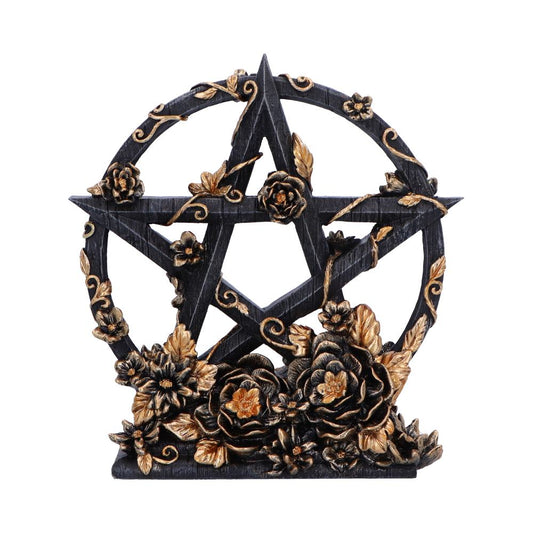 This stunning floral Pentagram is a captivating ornament designed by Nemesis Now for Wiccan enthusiasts.  Crafted with a resin black base, it features a striking pentagram adorned with exquisite gold flowers.