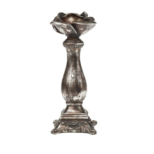Add some Gothic vibes to your home with these beautifully crafted, antique finish, silver resin candle stick holders, featuring a black rose holder at the top.
