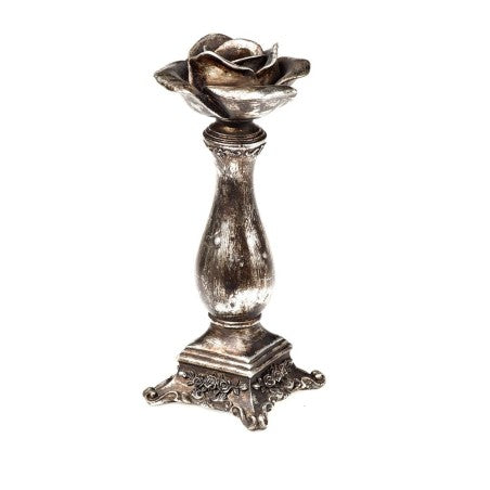 Add some Gothic vibes to your home with these beautifully crafted, antique finish, silver resin candle stick holders, featuring a black rose holder at the top.