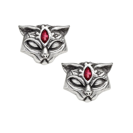 A likeness of the Egyptian black cat warrior and protectress, bringer of joy and goddess of sexuality and the moon. A pair of antiqued pewter cat's heads ear studs with small red Austrian elips crystals upon their foreheads.