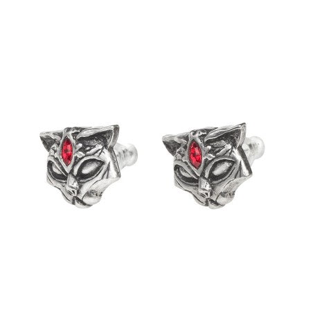 A likeness of the Egyptian black cat warrior and protectress, bringer of joy and goddess of sexuality and the moon. A pair of antiqued pewter cat's heads ear studs with small red Austrian elips crystals upon their foreheads.