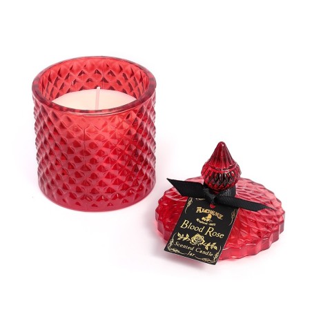 This blood rose red, vintage inspired, lidded candle jar encapsulates a sensual scented candle. Light the candle and the dark sensual aroma of the 'Blood Rose' will envelop your boudoir! Once the candle has burnt, this stunning, cut glass effect jar can then be used to keep safe your trinkets and treasures.