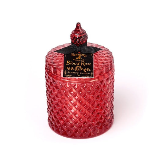 This blood rose red, vintage inspired, lidded candle jar encapsulates a sensual scented candle. Light the candle and the dark sensual aroma of the 'Blood Rose' will envelop your boudoir! Once the candle has burnt, this stunning, cut glass effect jar can then be used to keep safe your trinkets and treasures.