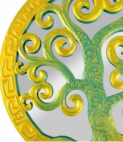 This beautifully designed mirror adorns the trim and branches of the shimmering Tree of Life in turquoise and gold. The Tree of Life - ancient Celtic symbol of balance, harmony and rebirth. Powerful, sacred, wise beyond measure and a portal to the otherworld. Life giving, sanctuaries, symbols of rebirth. The Celts of ancient times believed that trees had several powers and were the source of all life.