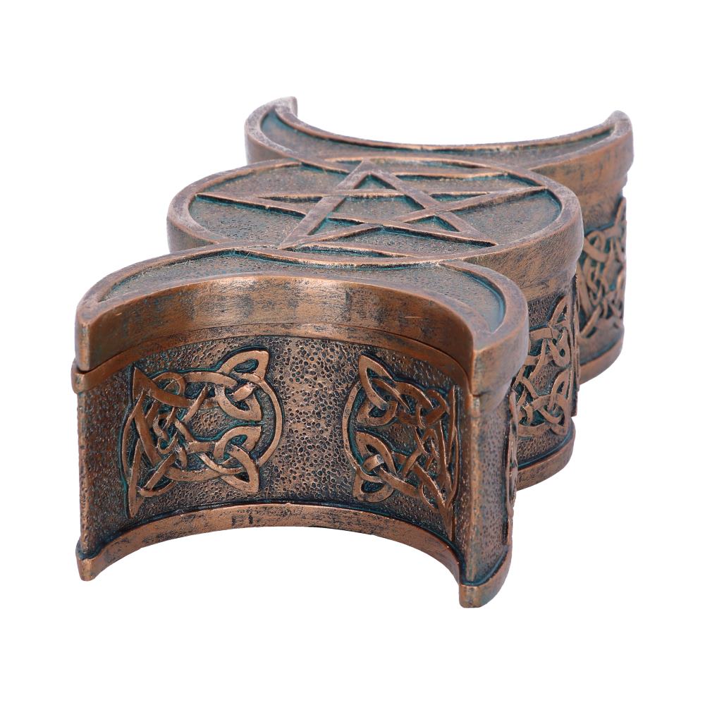 Bronze jewelry box with star and Celtic knot designs on a white background