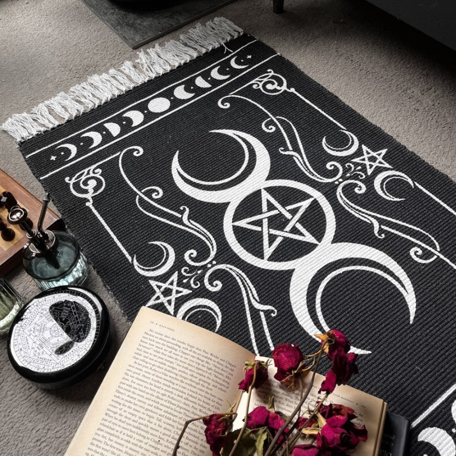 Embrace lunar magic with Alchemy Gothic’s Maiden, Mother & Crone rug. Handwoven cotton, perfect for altars, walls, or sacred spaces. UK stock.
