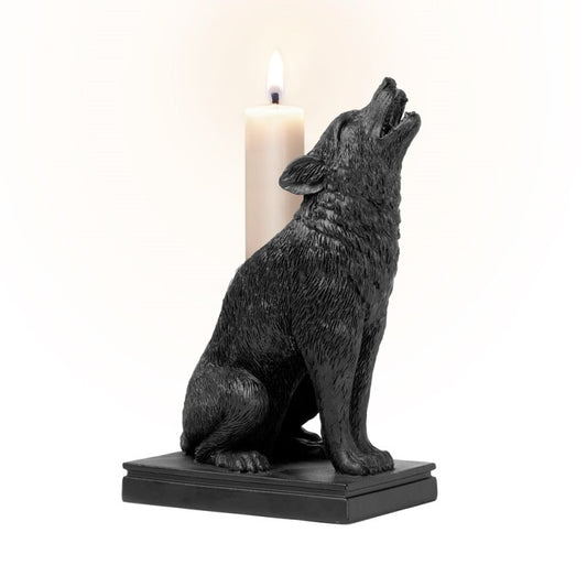 A dark and dramatic candle stick to bestow your dining table, boudoir or altar, this beautifully sculpted Wolf candle stick has been hand finished in the finest quality black resin.