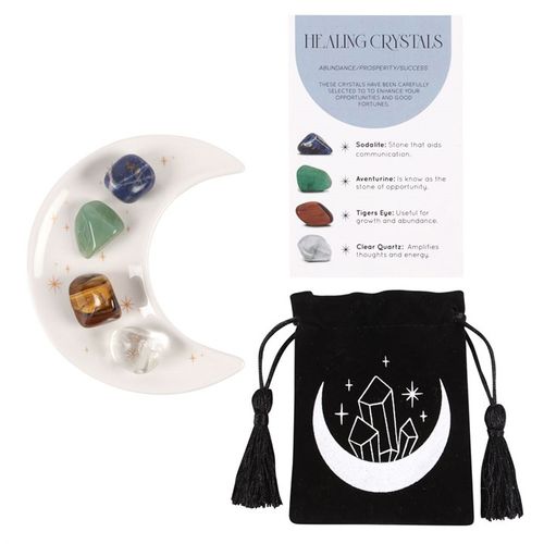 This stunning set of healing crystals comes with four crystal tumblestones to help attract prosperity and success. Includes a crescent moon trinket dish, matching information card and a printed drawstring, making this a meaningful gift for those in need of some extra care.