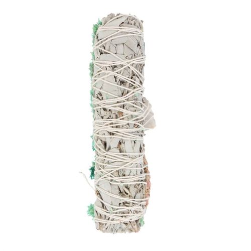 Rolled sage smudge stick on a white background