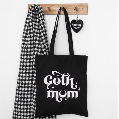 Carry your mum essentials everywhere you go with this black canvas tote bag with spooky 'Goth Mum' text.