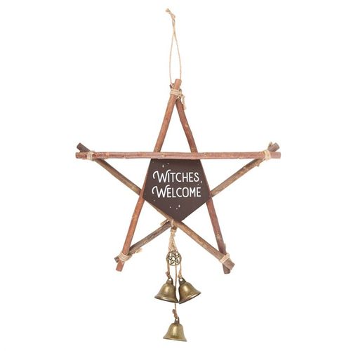 Invite kindred spirits with this enchanting wooden pentagram sign, inscribed with 'Witches Welcome.' Adorned with delicate bells that softly chime, it’s an ideal talisman to grace your porch or doorway, casting a warm and mystical greeting to all who approach.