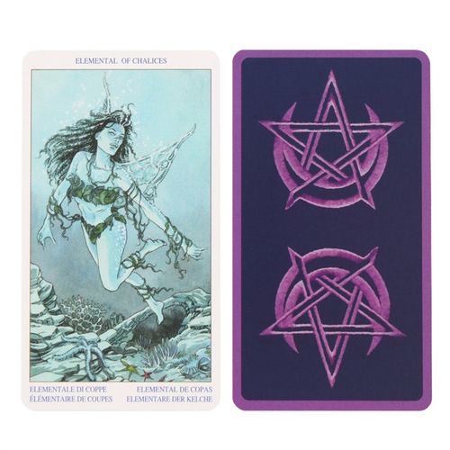 Card with a fantasy illustration of a woman and purple star symbols on a white background