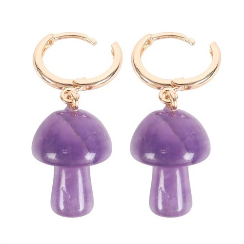 These enchanting mushroom earrings are crafted from polished amethyst. The mushroom-shaped gemstones harness the power of crystal healing, and are attached to small gold hoop earrings with a matching informational tag.