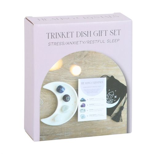 This stunning set of healing crystals comes with four crystal tumblestones to help reduce stress, ease anxiety and promote restful sleep. Includes a crescent moon trinket dish, matching information card and a printed drawstring, making this a meaningful gift for those in need of some extra care.