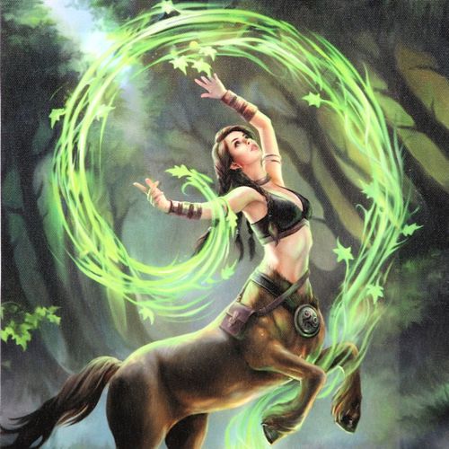 Woman on horseback surrounded by green energy in a forest setting