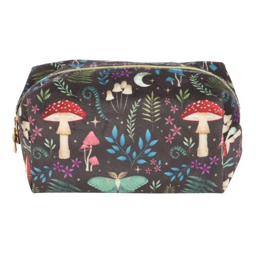 Cosmetic bag with fairy tale design featuring mushrooms and flowers on a dark background