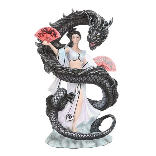 Crafted with meticulous attention to detail, this 'Dragon Dance' ornament captures the essence of a mystical bond between a girl and her dragon. Anne Stokes, celebrated for her imaginative and intricate fantasy artwork, brings her unique vision to life in this stunning piece. The black dragon swirls around the girl as she dances as a symbol of connection and protection. A perfect gift for fantasy enthusiasts, collectors, and anyone who appreciates the allure of magical realms.