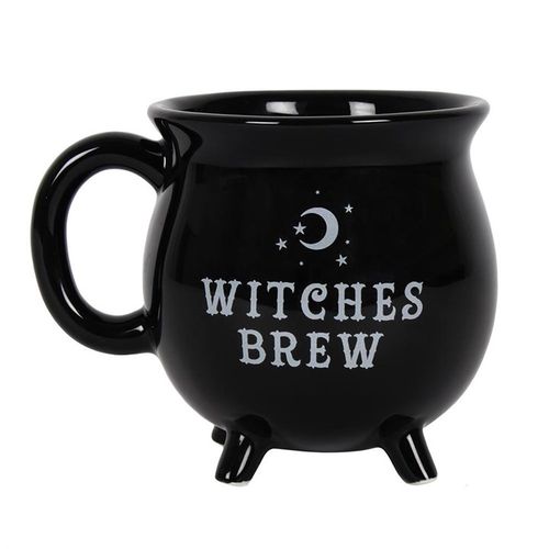 This enchanting black mug resembles a classic cauldron and is adorned with the phrase 'Witches Brew.' It arrives nestled in a coordinating cardboard box, perfect for gifting or keeping your magical brews warm. Dimensions: Height 10cm, Width 13cm, Depth 10cm. Packaged size: Height 11cm, Width 12cm, Depth 10cm.